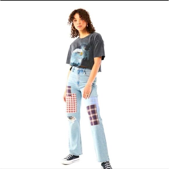 HOLLISTER plaid patchwork ultra high rise dad jeans‎ straight leg 3/26 ASO TV - Picture 1 of 13